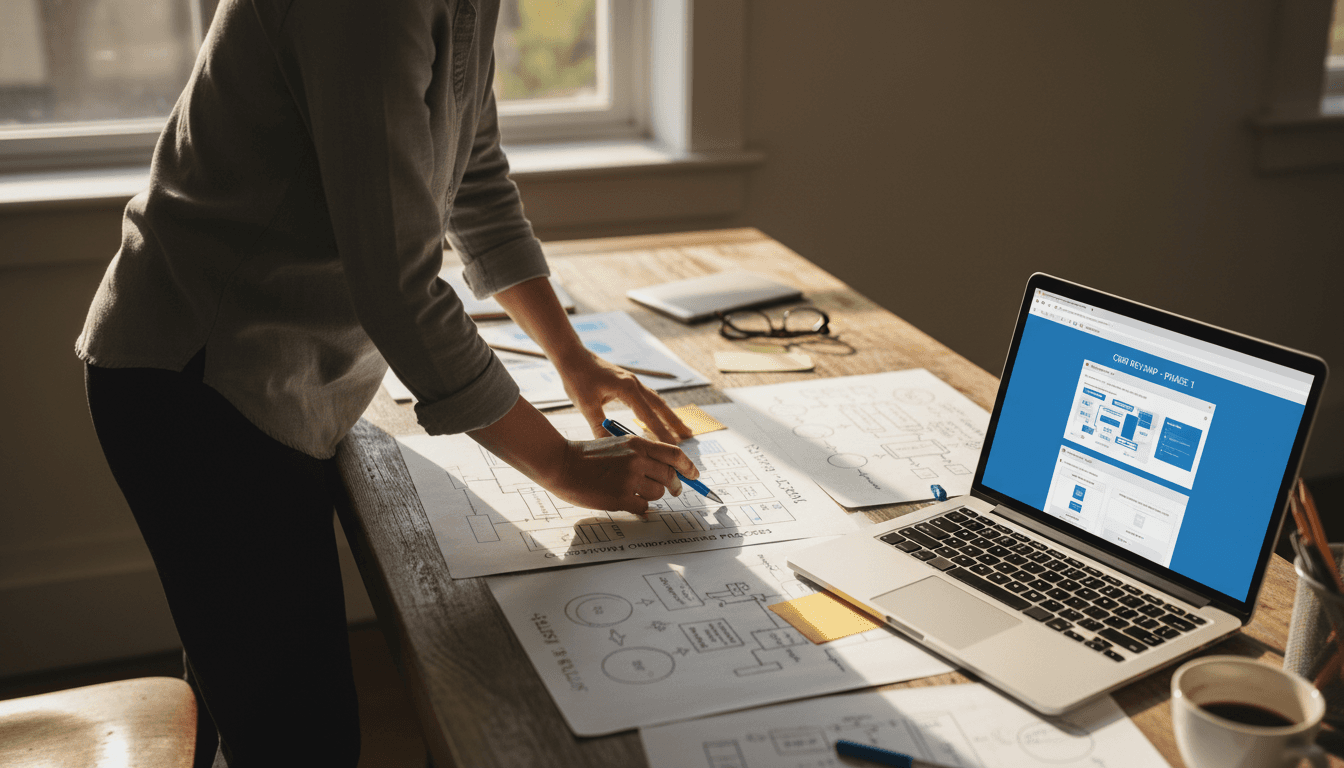 Consultant reviewing operational workflow documentation and CRM system diagrams at desk