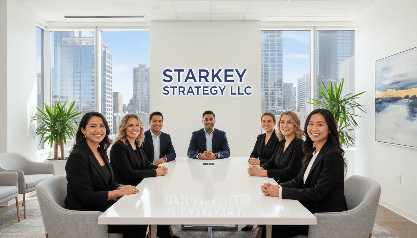 Starkey Strategy LLC team in a modern office environment smiling together.