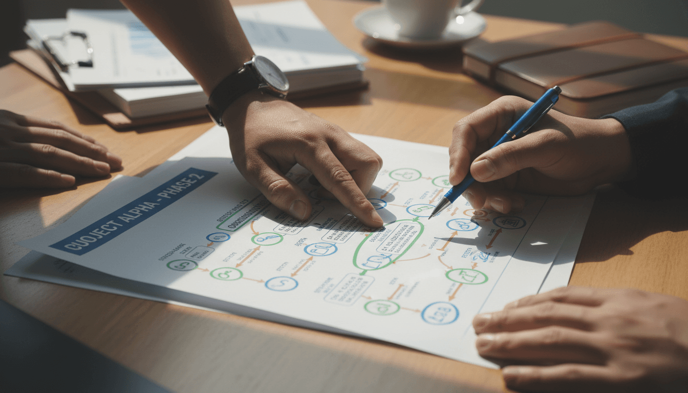 Hands reviewing operational workflow diagram and process mapping