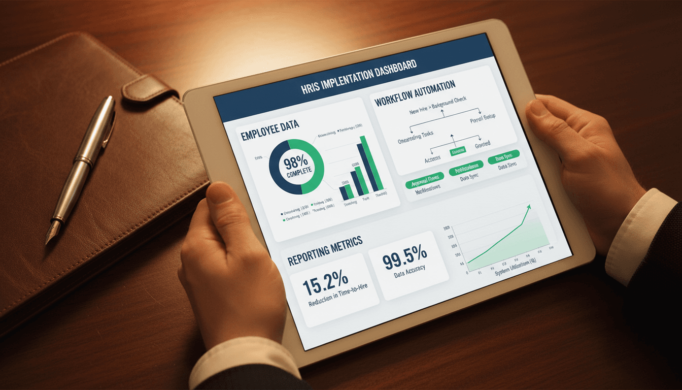 HRIS implementation dashboard and reporting metrics displayed on tablet screen