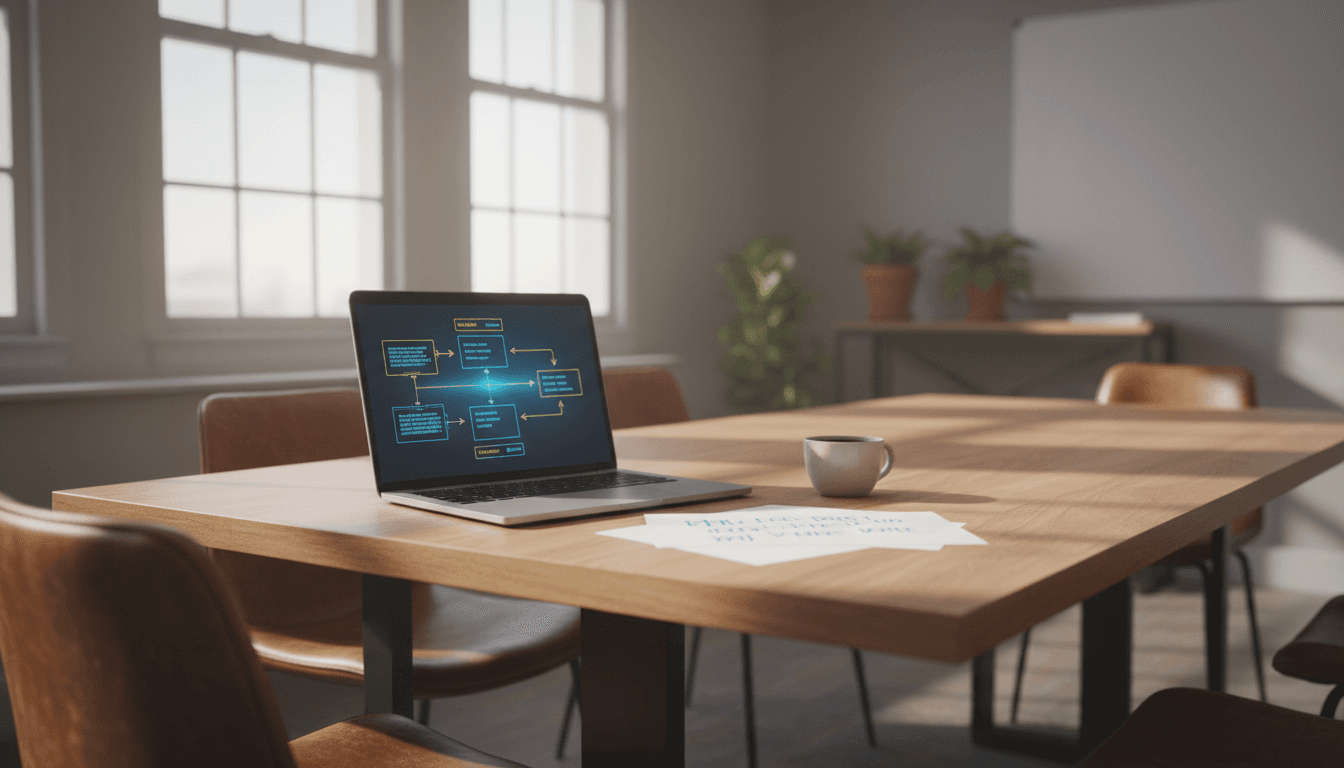 Small business owner reviewing operational workflow documentation during a systems consultation